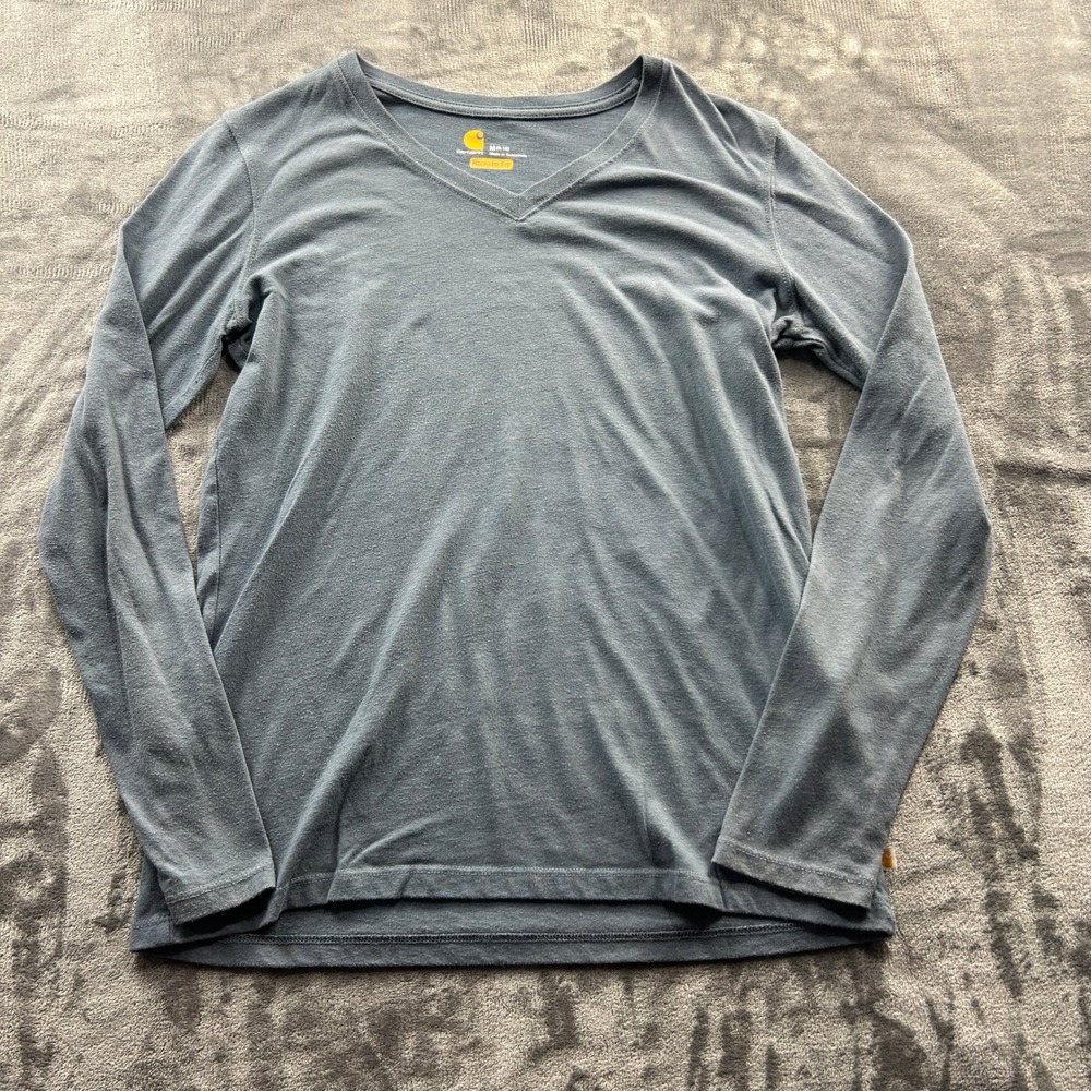 Carhartt Shirt Womens Medium Blue Solid Relaxed Fit V-Neck Long Sleeve Tee